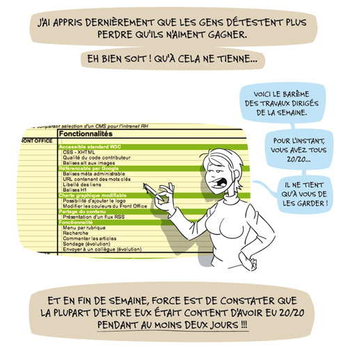 Les gens détestent plus perdre qu'ils n'aiment gagner, alors moi je donne des 20/20 en début de travaux dirigés et ensuite ils perdent des points si le travail n'est pas fait.