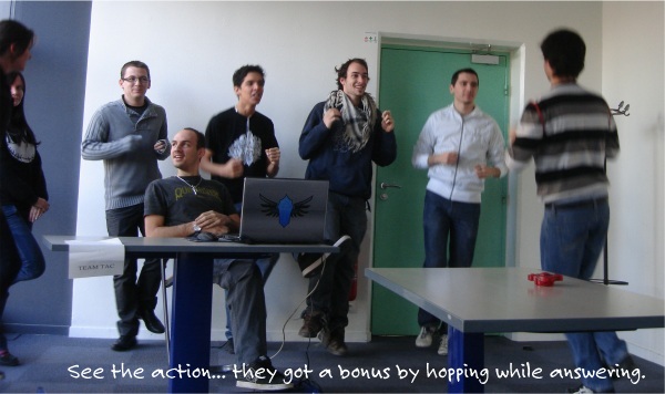 See the action... they got a bonus by hopping while answering.
