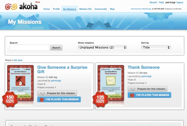Akoha.com webpage challenging me to offer a coffee to a friend or say thank you to someone for 150 karma points.