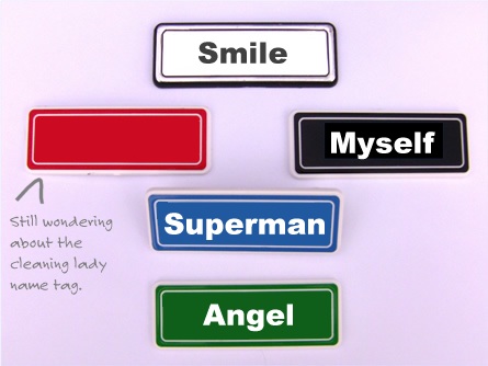 Mockups of the name tags at the Hotel Bloom in Brussels